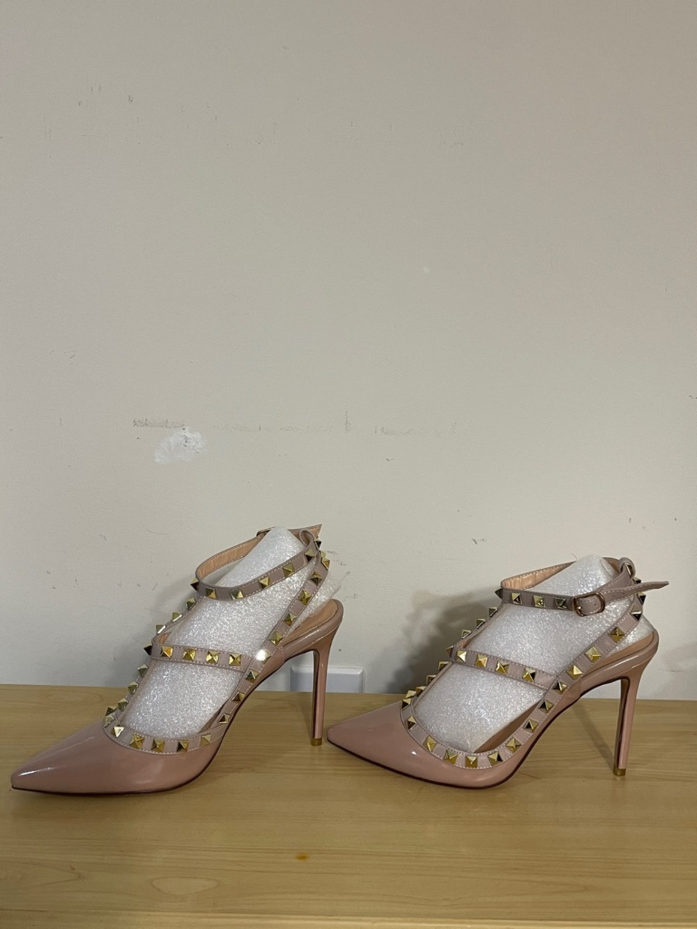 Pointed Toe Studded Ankle-Strap Pumps in Nude Pink